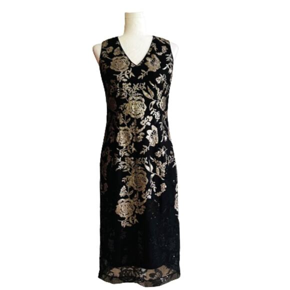 Donna Ricco Dress Gold Black Sequin V-Neck Sleeveless Evening Sheath Size 4 - Picture 1 of 14